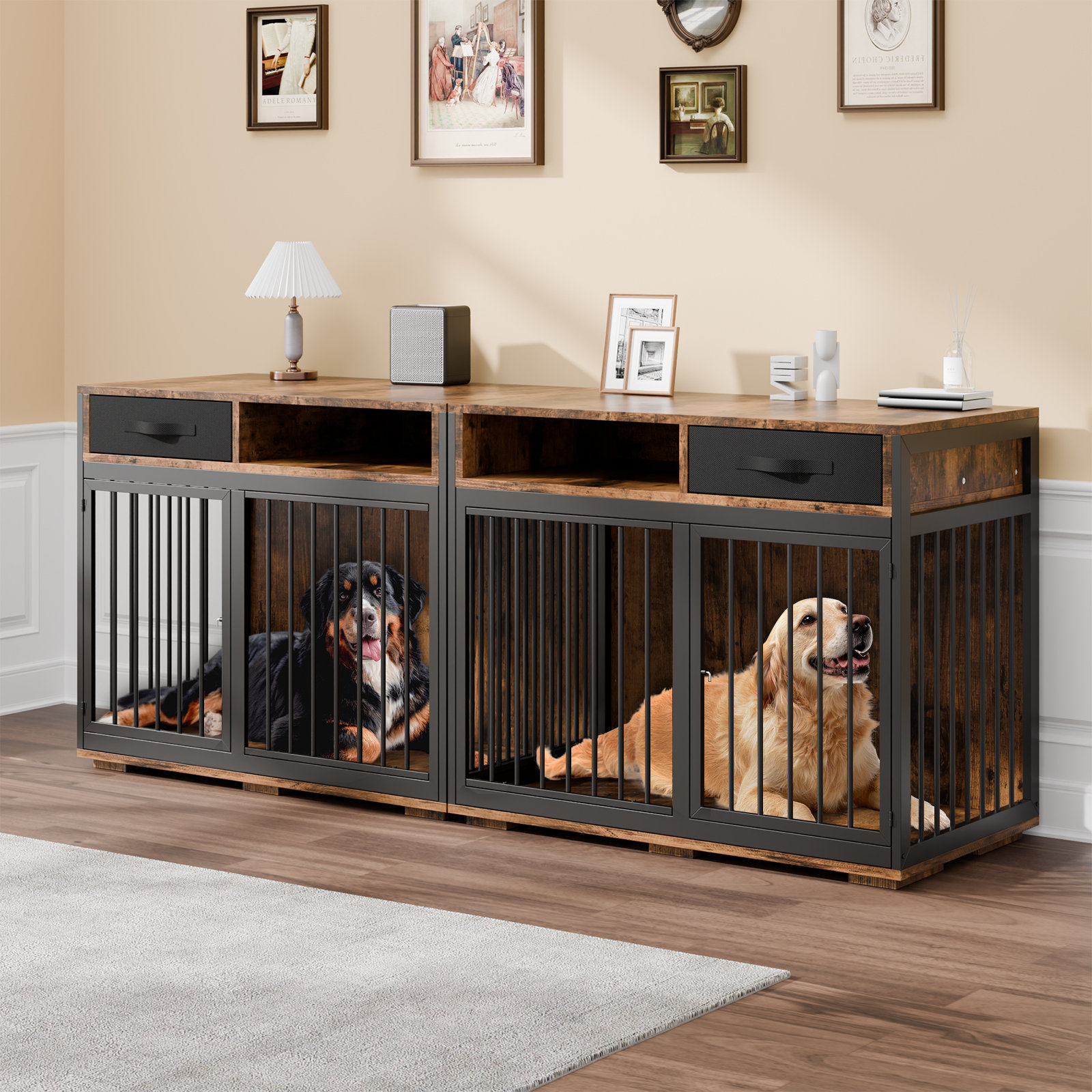 FFIQQ Large Dog Crate Furniture For 2 Dogs,85.4" Metal Frame Furniture ...